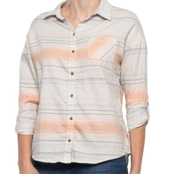 PRANA Percy Long Sleeve Button Front Shirt Stripe Peach Women's Size XL Women - Picture 1 of 9